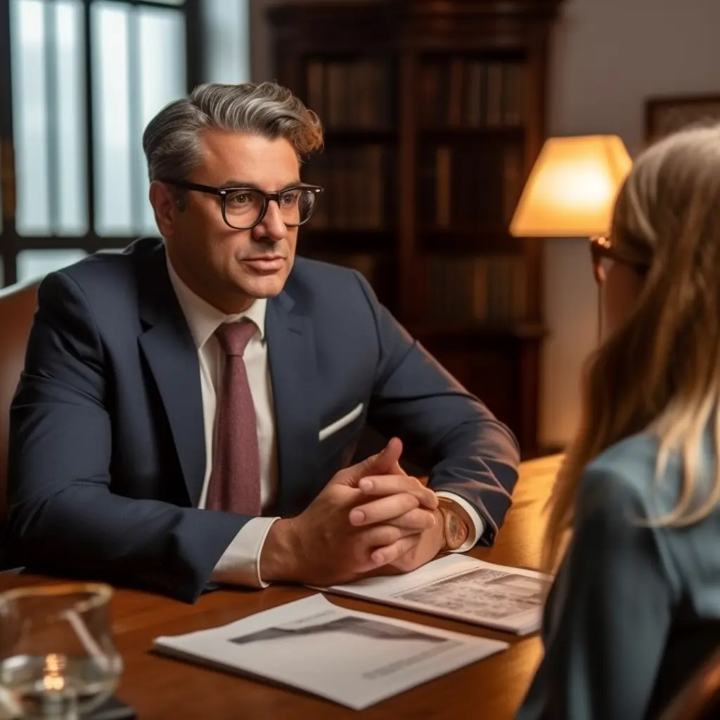 a man in a suit and tie is talking to a woman