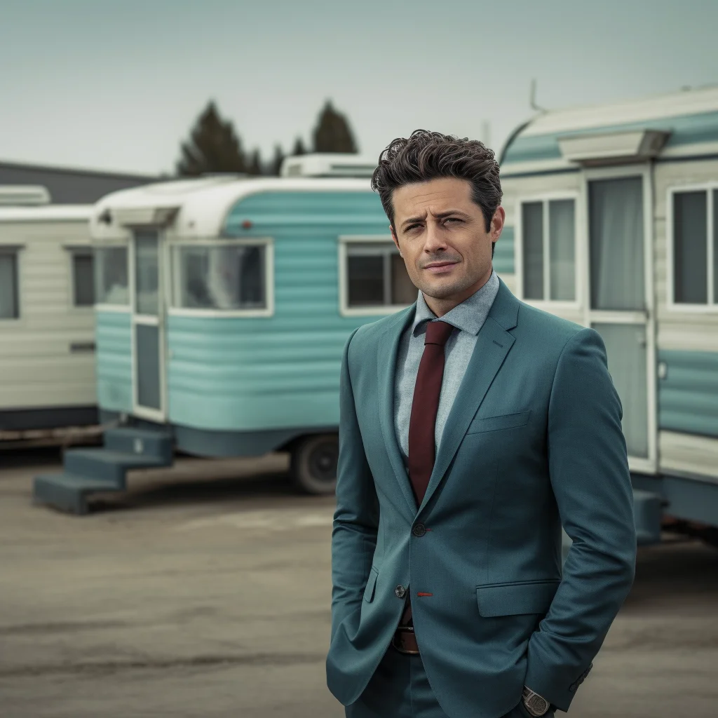 a man in a suit and tie stands in front of a trailer