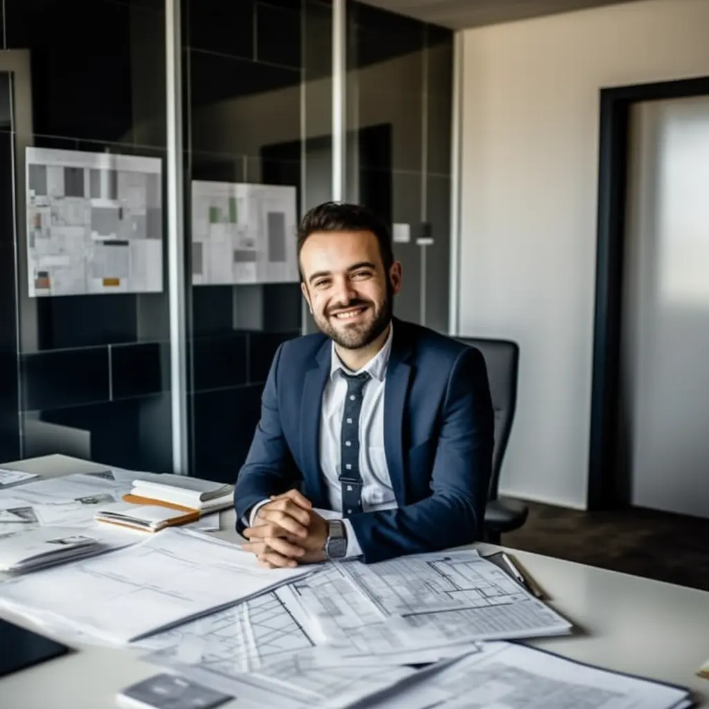 a man in a suit and tie sits at a desk with papers on it