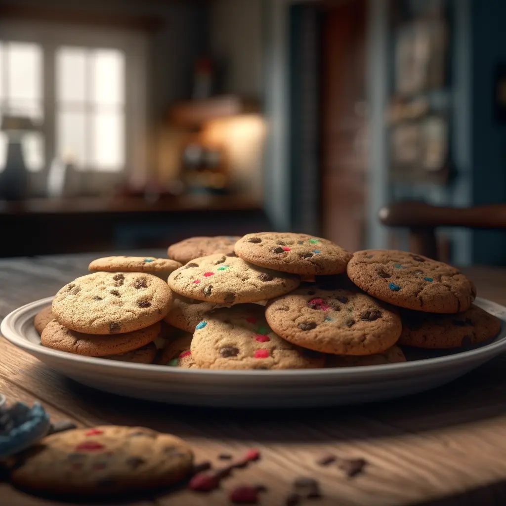 a plate of chocolate chip cookies with sprinkles on them