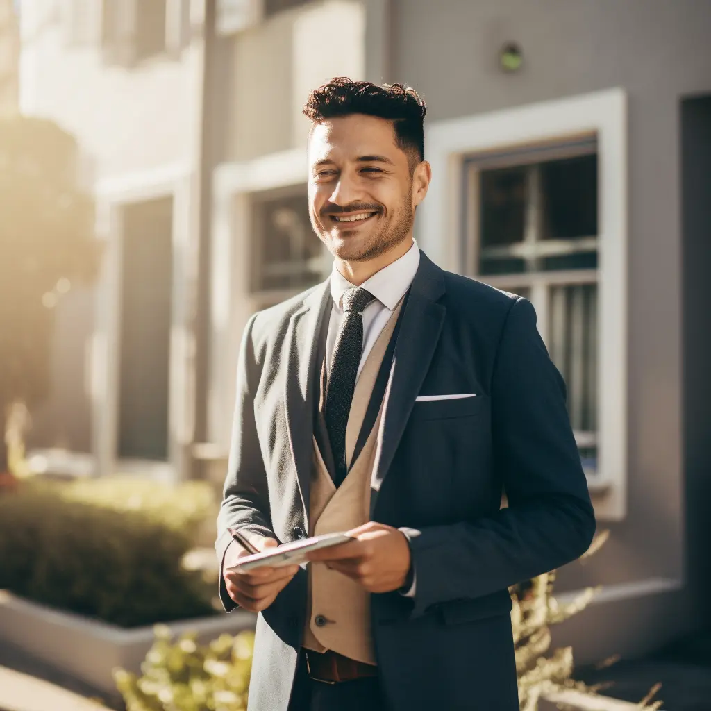 a man in a suit and tie is holding a clipboard and smiling