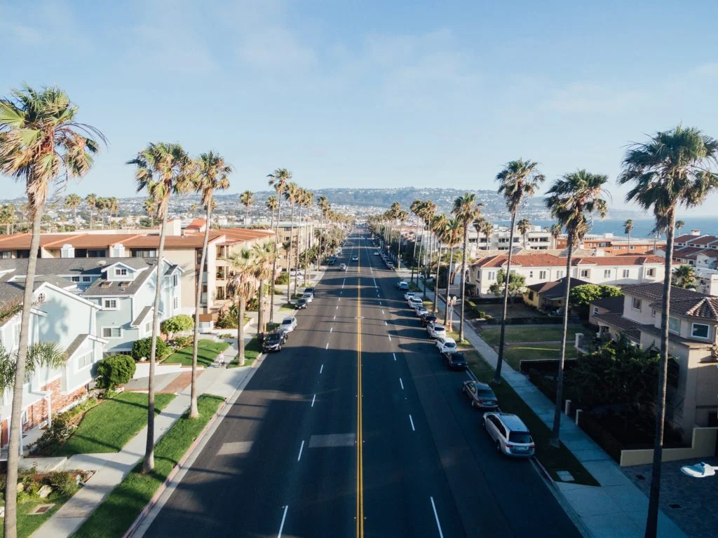 an aerial view of a residential street with palm trees