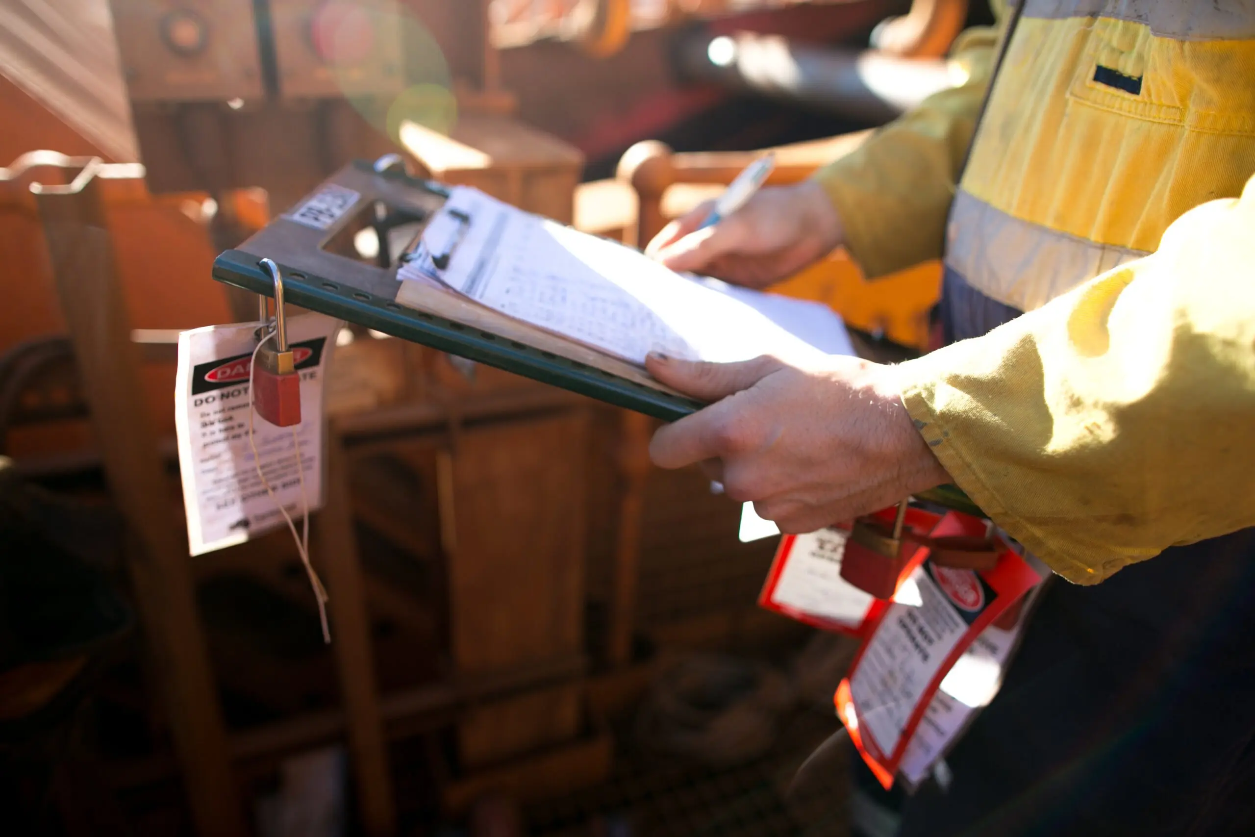 a person holding a clipboard with a warning sign on it