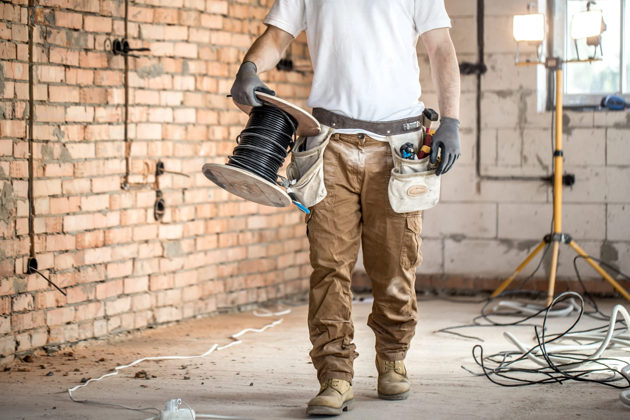a man carrying a spool of wires with a tool belt that says ' craftsman ' on it