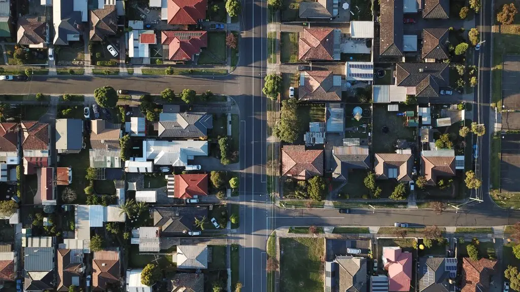 an aerial view of a residential area with lots of houses