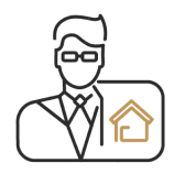 a man in a suit and glasses holding a house