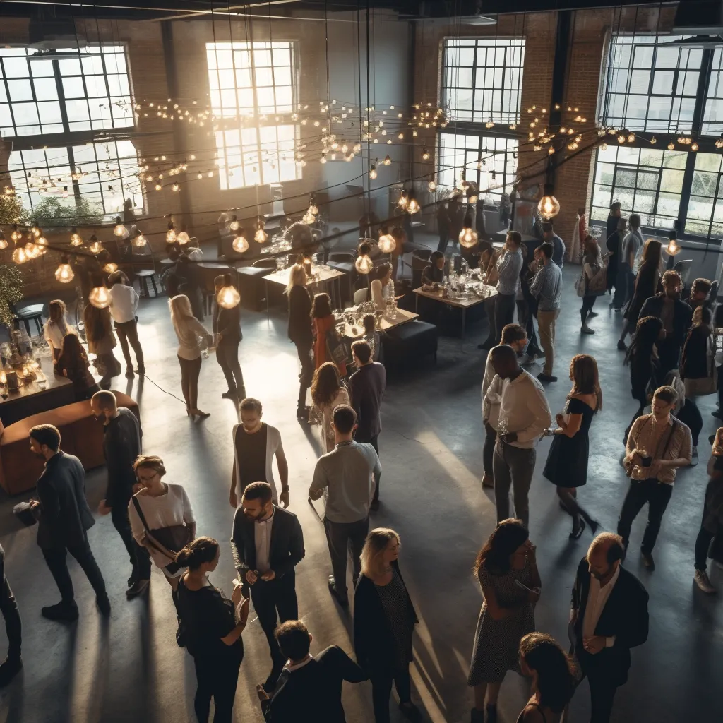 a large group of people are gathered in a large room