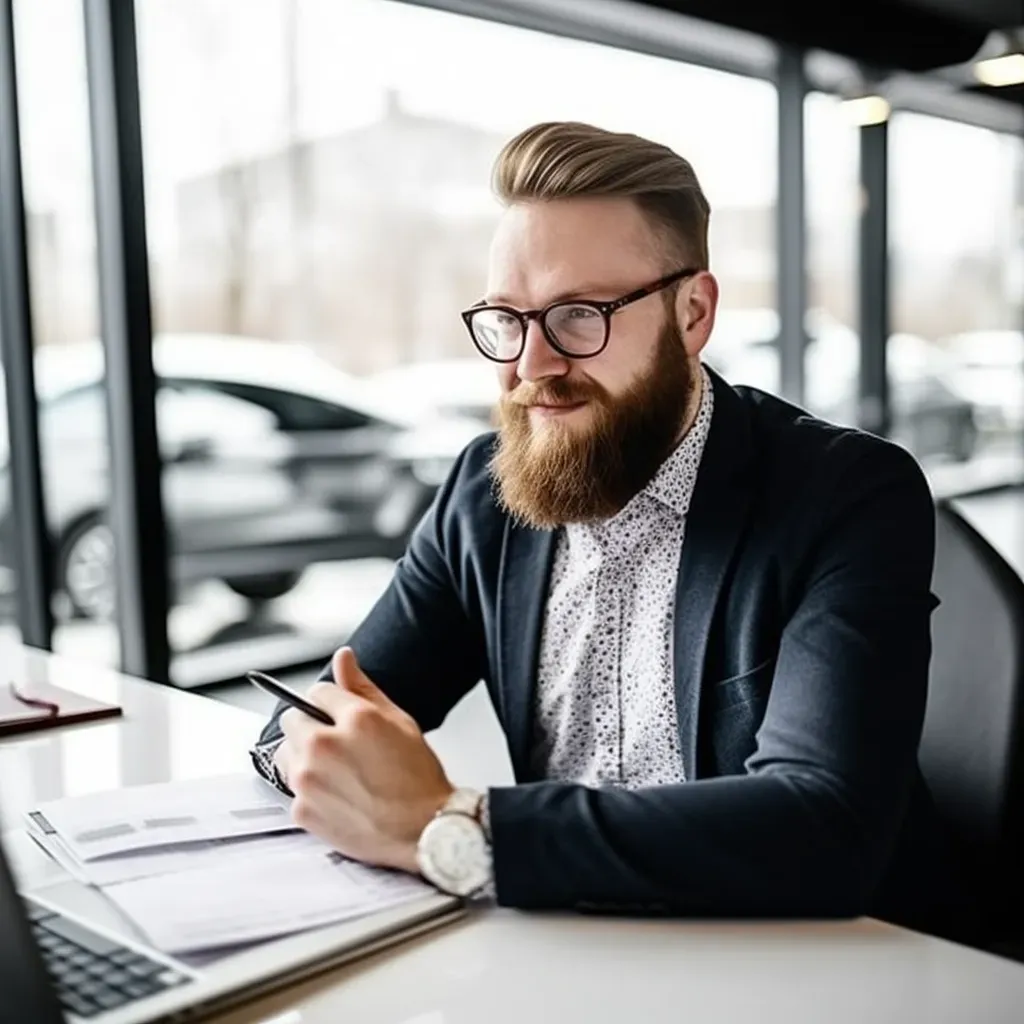 a man with a beard and glasses sits at a desk