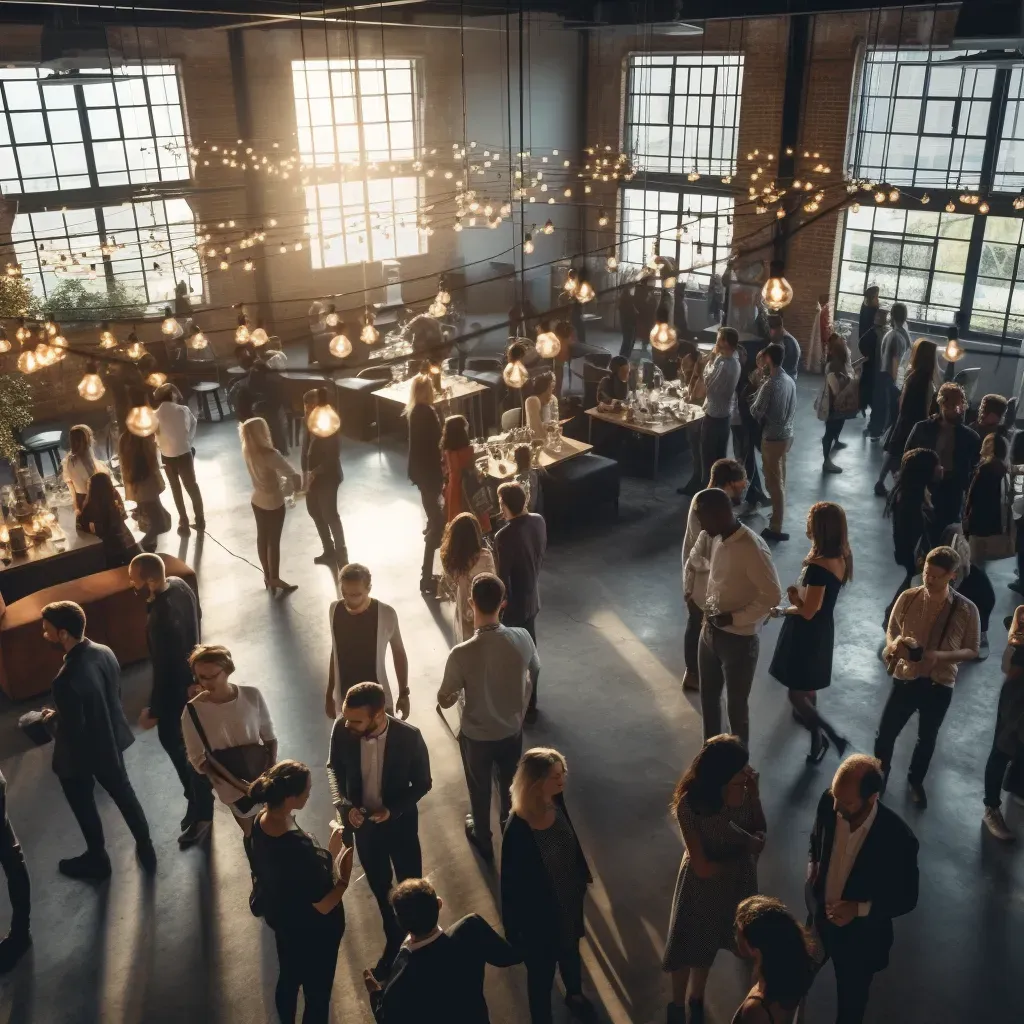 a large group of people are gathered in a large room