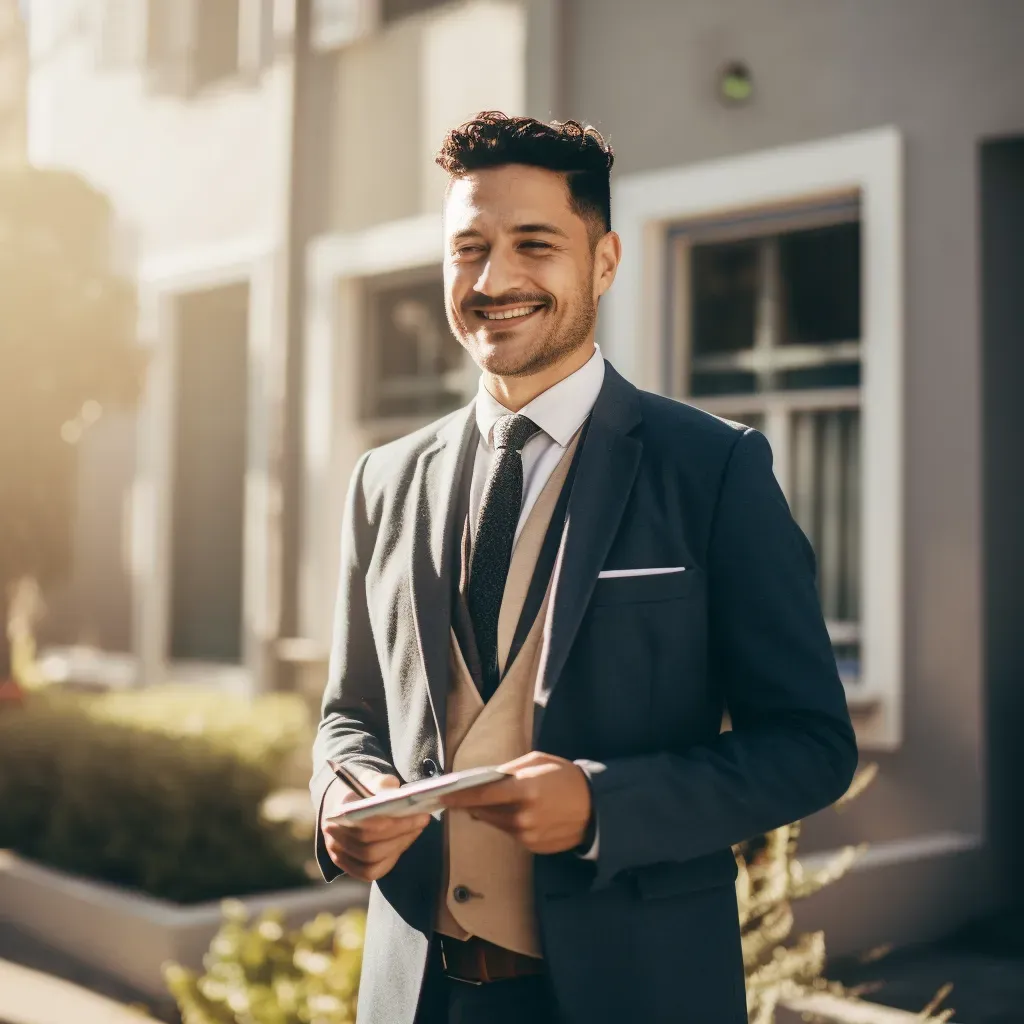 a man in a suit and tie is holding a clipboard and smiling