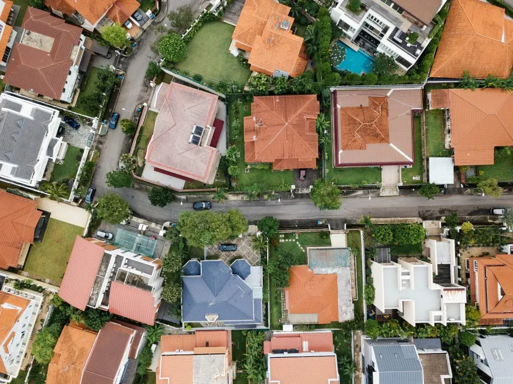 an aerial view of a residential area with lots of houses